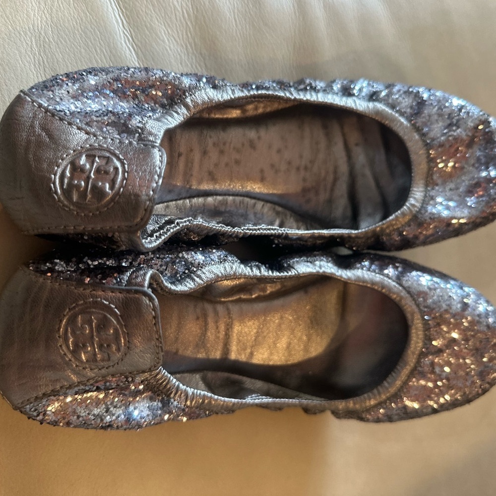 Tory Burch Women's 7M Shoes Eddie Flats Silvery Glitter Gray Ballet Shoes